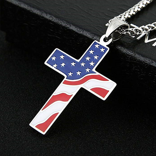 Stainless Steel American Flag Cross Necklace