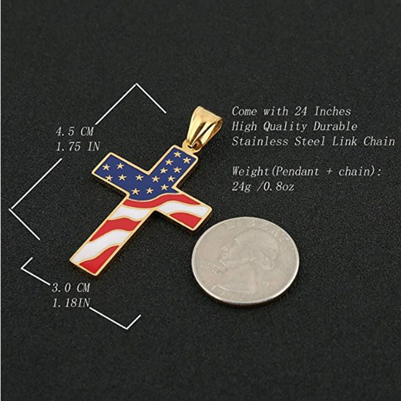 Stainless Steel American Flag Cross Necklace