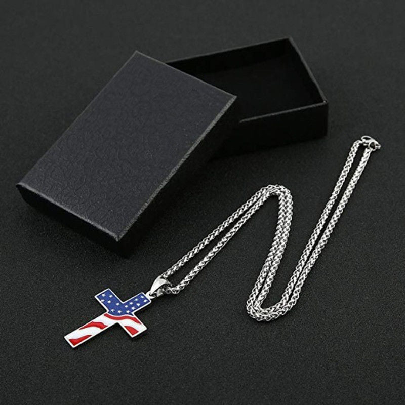 Stainless Steel American Flag Cross Necklace