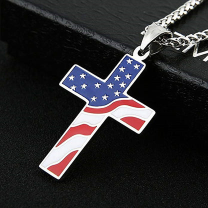 Stainless Steel American Flag Cross Necklace